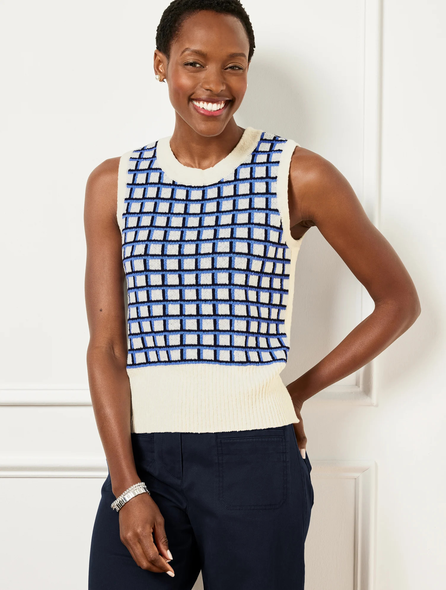 Misses - Textured Stitch Sweater Shell - Plaid - Ivory/Indigo - XL - 100% Cotton Talbots | Talbots