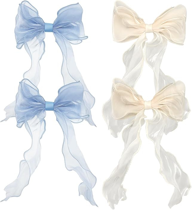 4 PACK Light Blue and Champagne Big Ribbon Hair Bows,Large Hair Accessories,Oversized Long-tail H... | Amazon (US)
