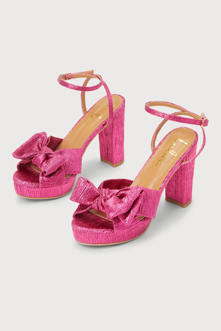Lilsa Pink Metallic Bow Platform Ankle Strap Heels | Lulus (US)