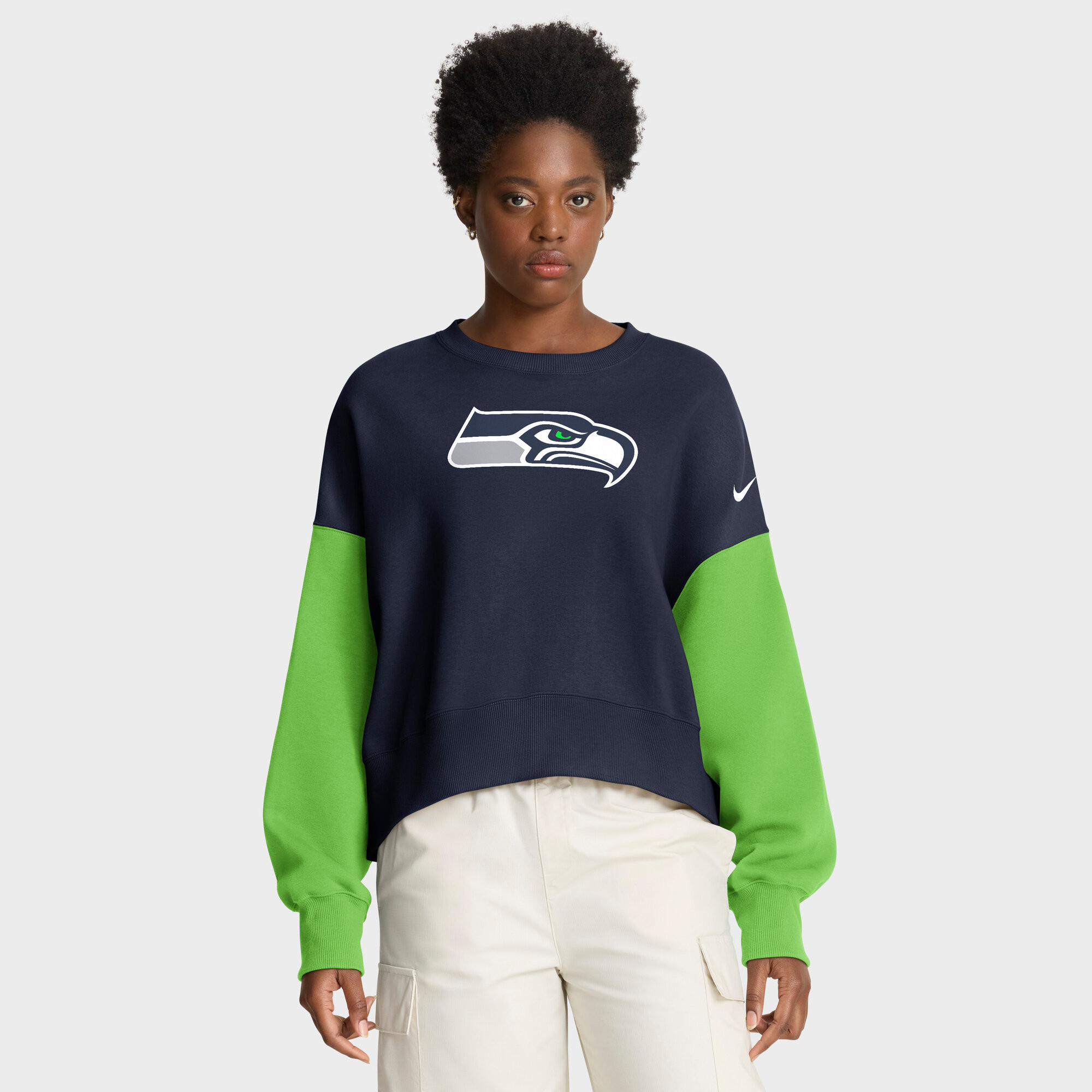 Women's Nike College Navy Seattle Seahawks Oversized Color-Block Pullover Sweatshirt | Fanatics