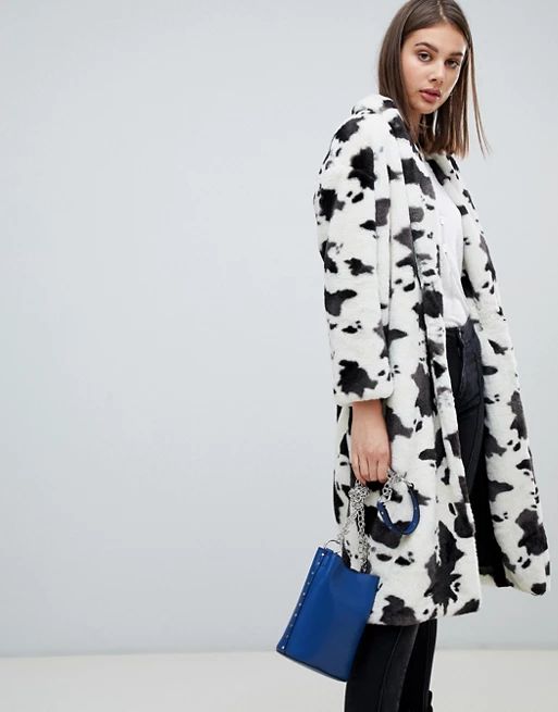 Religion serpent cow print faux fur coat | ASOS US