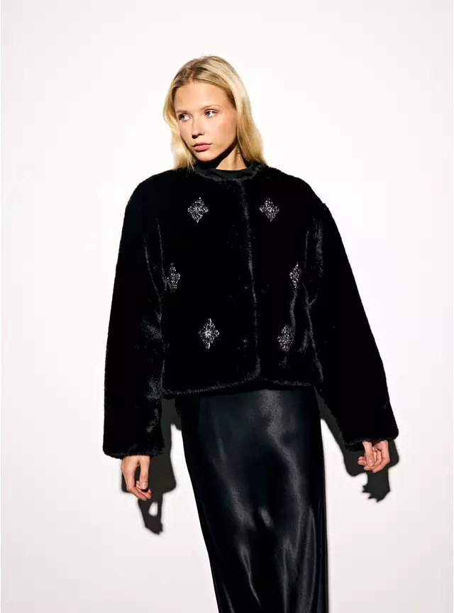 Black Embellished Collarless Faux Fur Jacket L | Tu Clothing