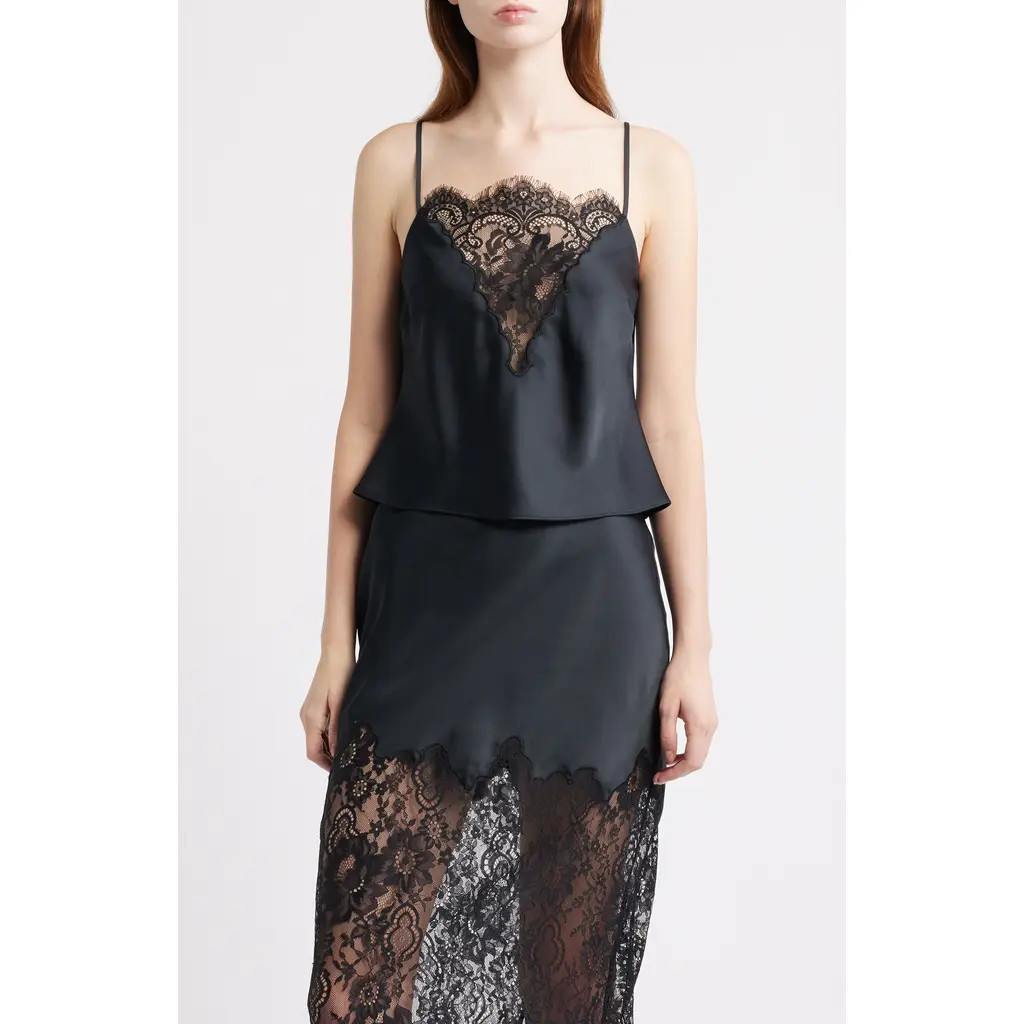 LoveShackFancy Constantina Lace Trim Satin Camisole in Black at Nordstrom, Size Medium | Nordstrom