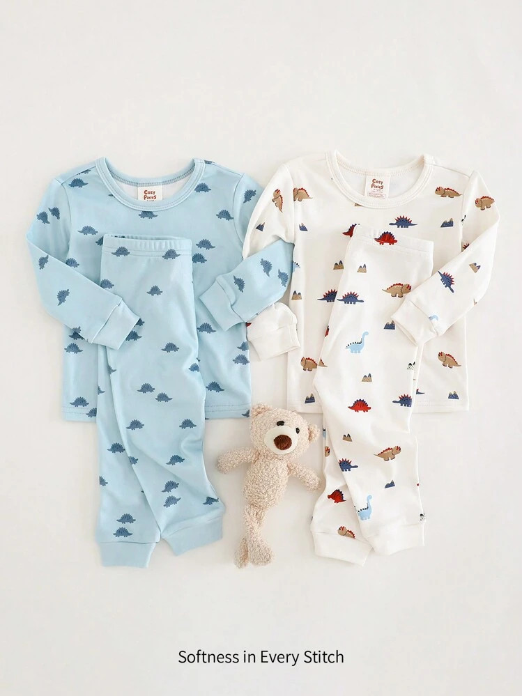 Cozy Pixies 4pcs Baby Boy Snug Fit Pajama Set, Cartoon Dinosaur Print Knitted Soft Crew Neck Long... | SHEIN