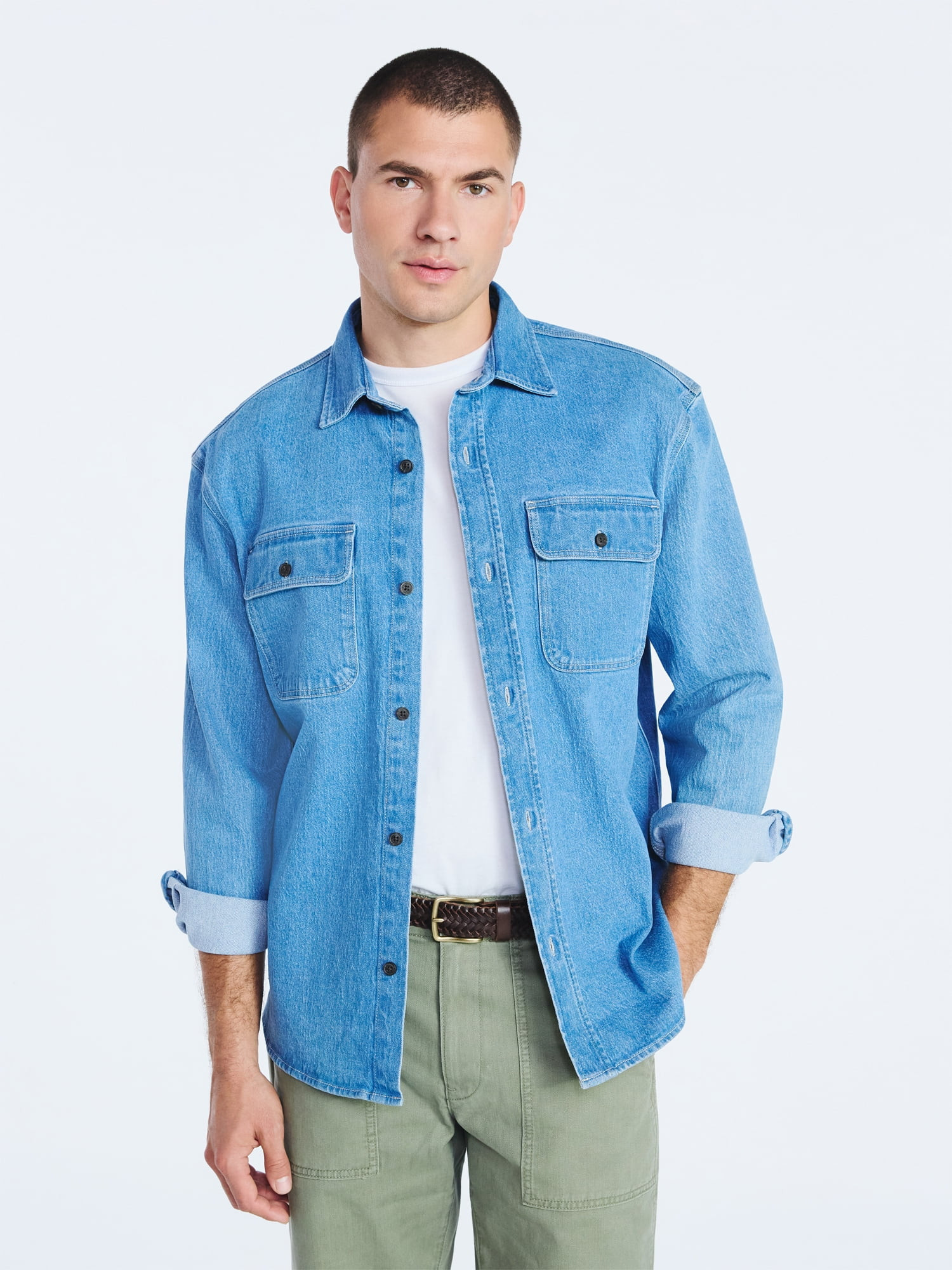 Free Assembly Men's Heavyweight Denim Overshirt with Long Sleeves, Sizes S-3XL | Walmart (US)