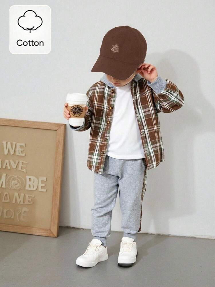 SHEIN Playful Pals 2pcs Young Boy Plaid Hooded Shacket And Sports Pants Set, Spring Autumn Toddle... | SHEIN