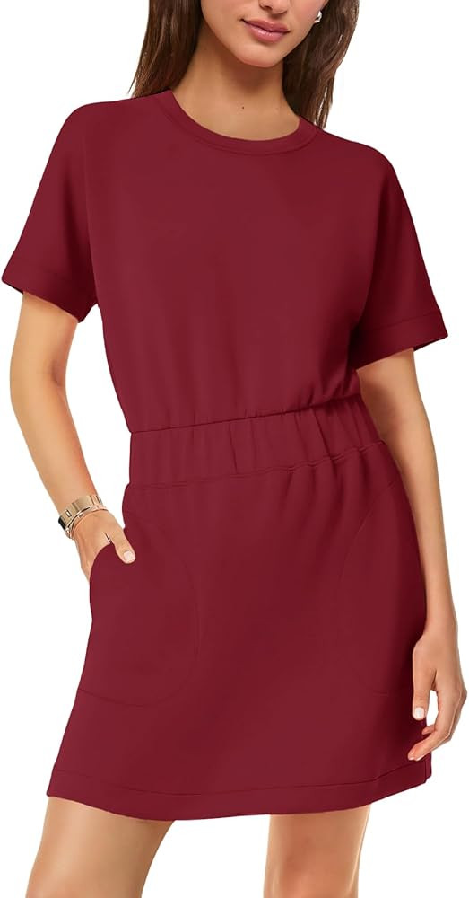 SENSERISE Womens Short Sleeve T Shirt Dresses Crew Neck Solid Color Basic Smocked Waist Dress wit... | Amazon (US)