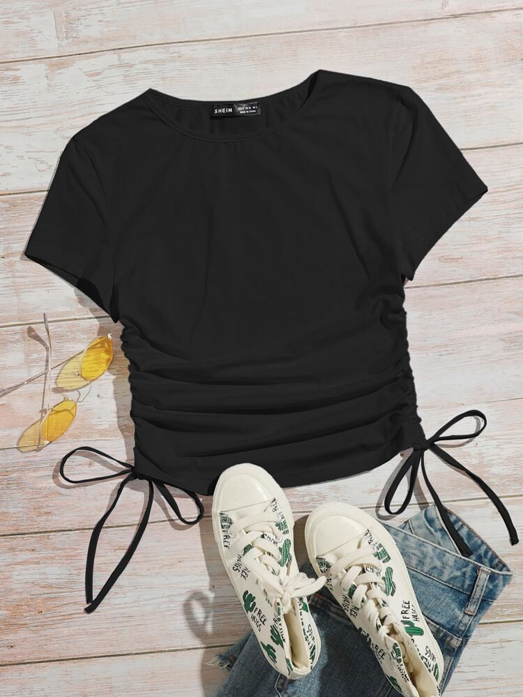 SHEIN EZwear Ruched Drawstring Knot Slim Tee | SHEIN