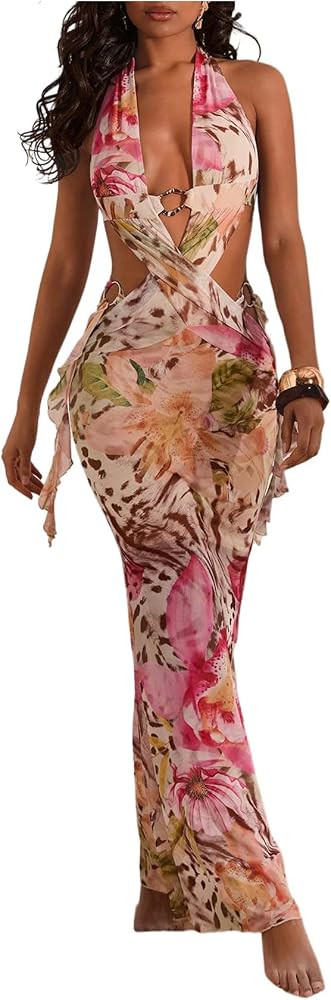 WDIRARA Women's Halter Cut Out Dress Cheetah Print Asymmetrical Hem Sexy High Slit Mesh Ruffle Dr... | Amazon (US)