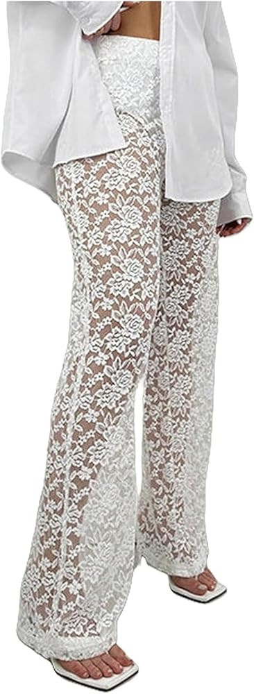 Women Floral Lace Sheer Mesh Pants See Through Straight Leg Pants Hollow Out Trousers Cover Up Y2... | Amazon (US)