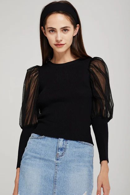 Lilly Knitted Top w/Sheer Puff Sleeve | Storets (Global)