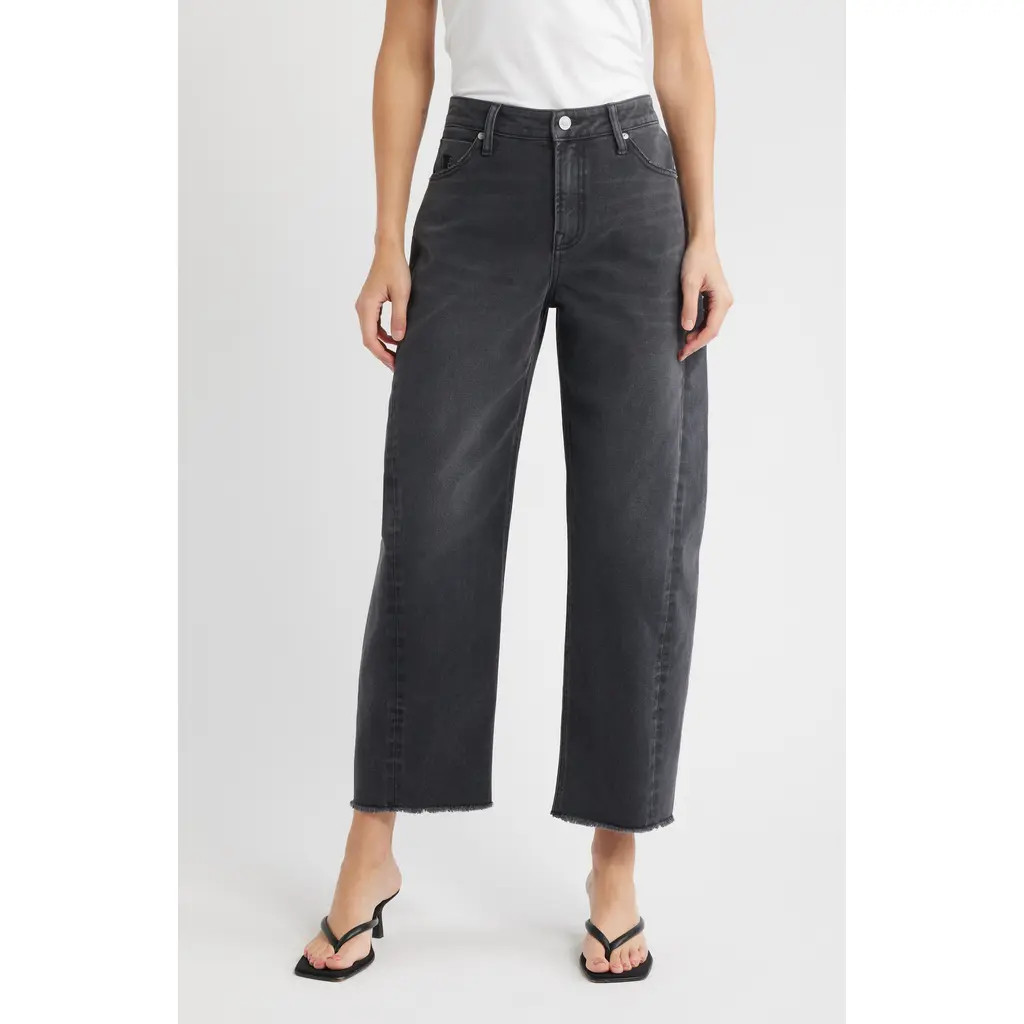 CITY BLUES Frayed High Waist Ankle Barrel Jeans in Dark Vintage Wash at Nordstrom, Size 2 | Nordstrom