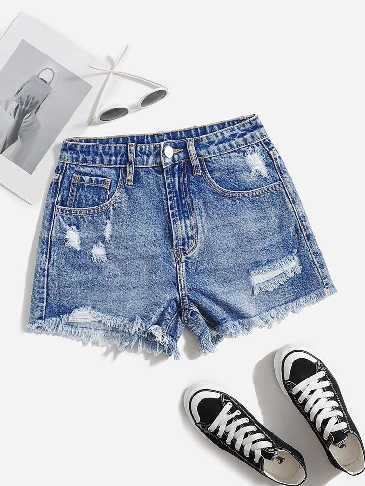 Ripped Raw Cut Denim Shorts | SHEIN