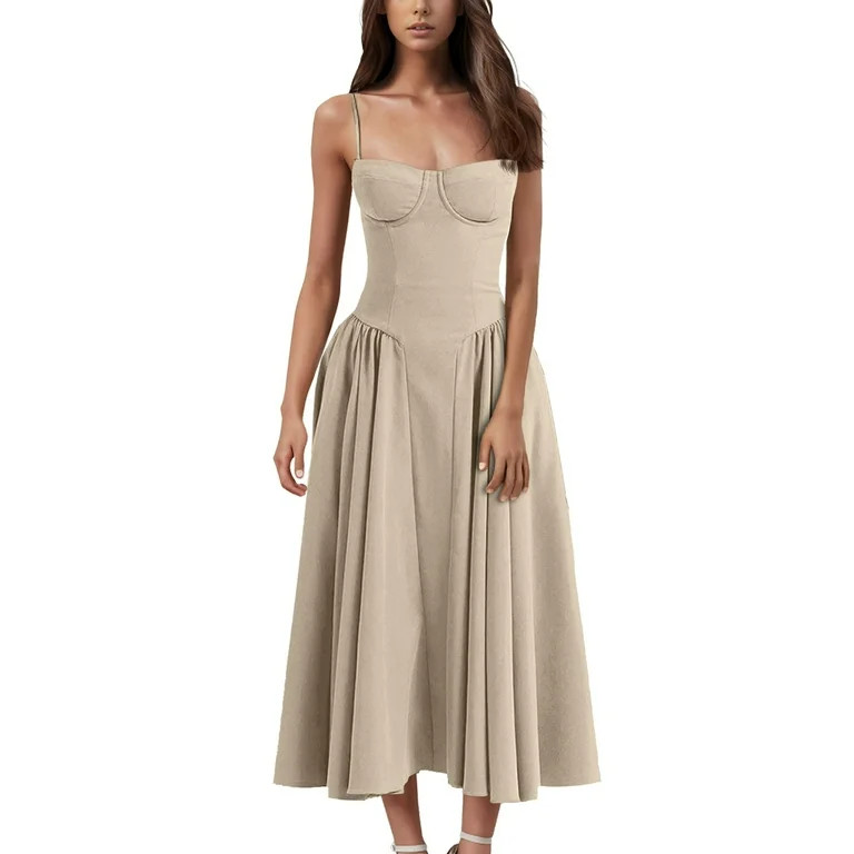 SnnmBlm Sleeveless Corset Dress for Women 2024 Elegant Spaghetti Strap Midi Dress Flowy Pleated H... | Walmart (US)