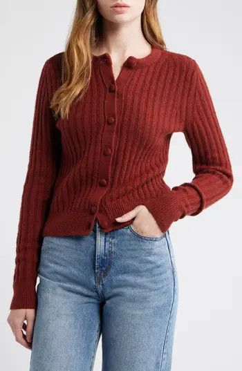 Madewell Rib Cotton & Merino Wool Blend Cardigan in Deep Rust at Nordstrom Rack, Size Xx-Small | Nordstrom Rack