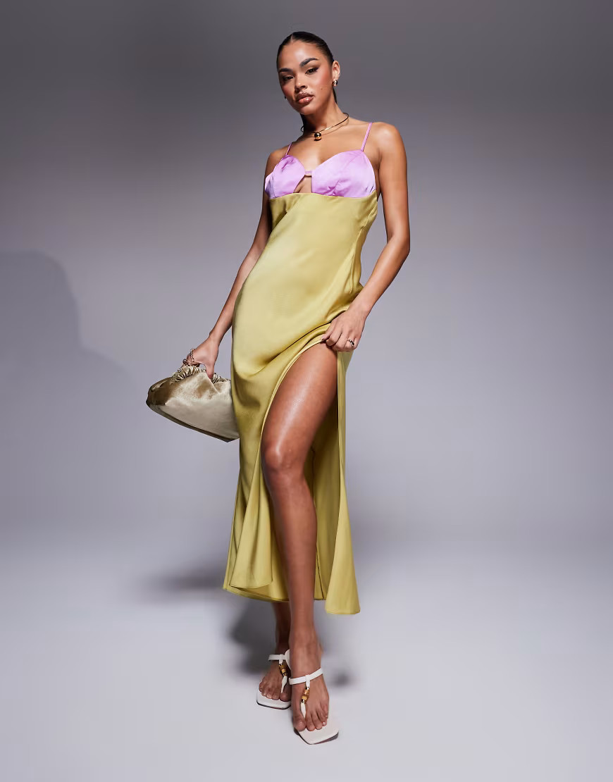 ASOS DESIGN satin cami maxi dress with colourblock bodice in pink and lime-Multi | ASOS (Global)