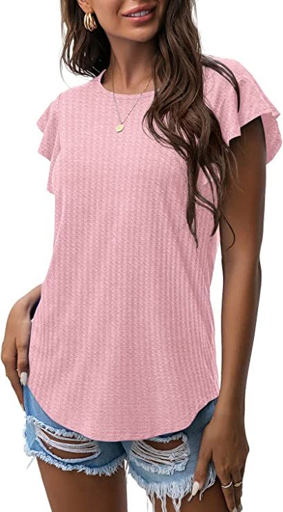 IWOLLENCE Ruffle Short Sleeve Top Waffle Knit Tunic Casual Blouse Round Neck Shirts Summer Tank T... | Amazon (US)