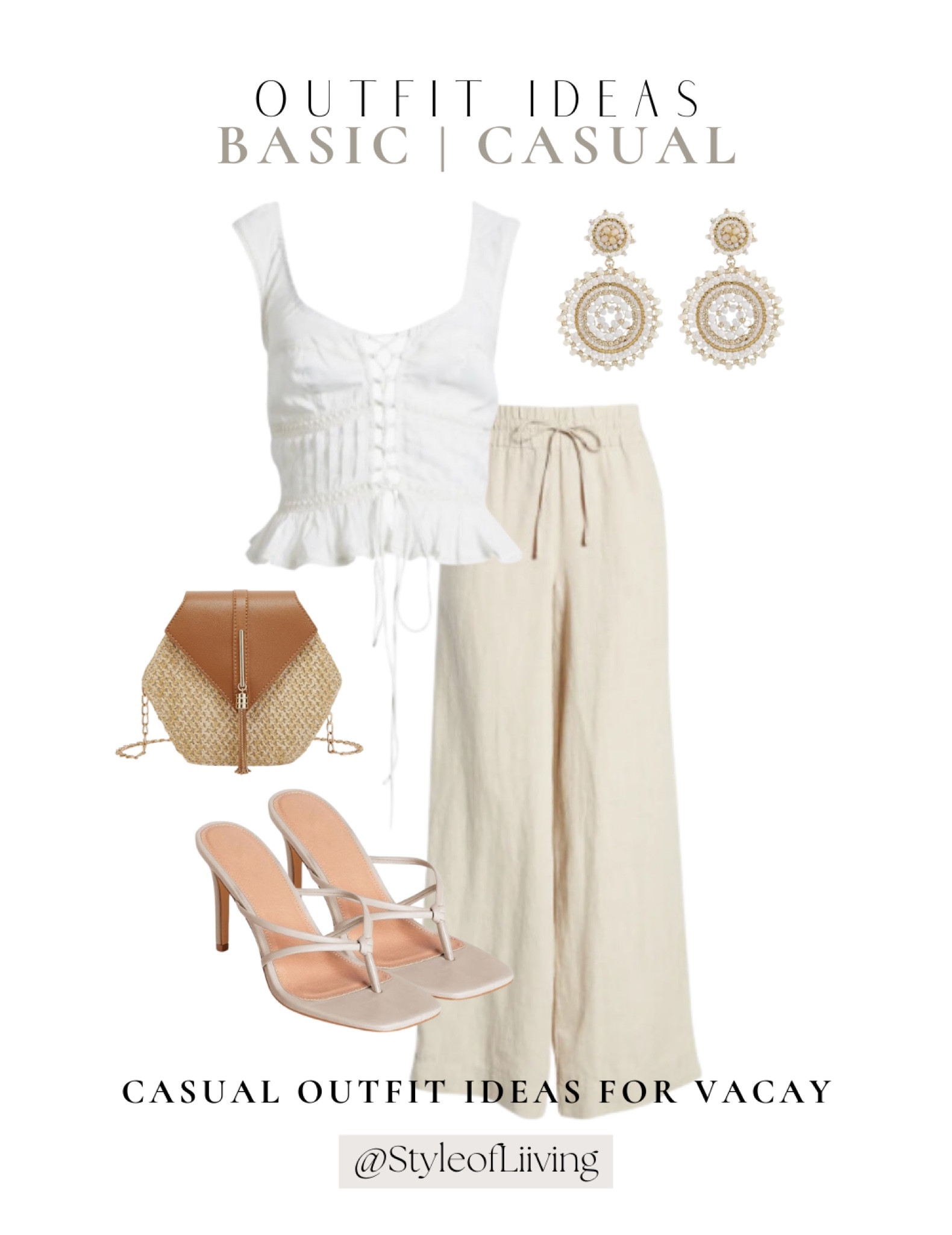Casual style vacation outfit ideas for women! Linen pants, white tank tops, strappy sandal heels, dangle earrings, clutch handbags.

#LTKstyletip #LTKshoecrush #LTKitbag