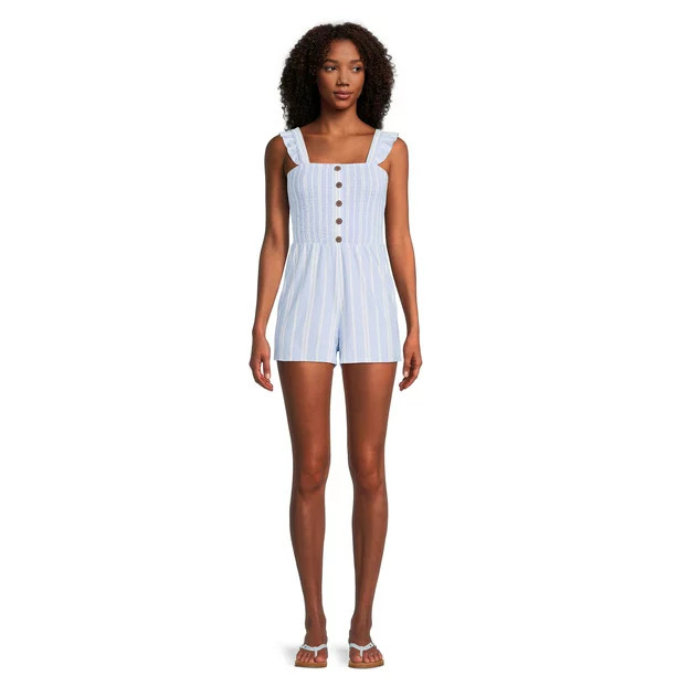 No Boundaries Juniors Button Front Smocked Romper, Sizes XS-XXXL | Walmart (US)