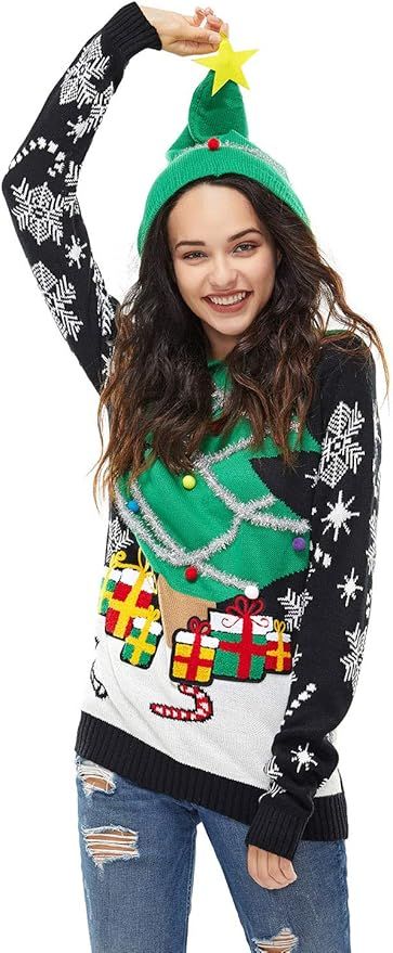 Unisex Women's Ugly Christmas Hoodie Sweater Funny Tacky Christmas Tree Reindeer Elf Ugly Pullove... | Amazon (US)