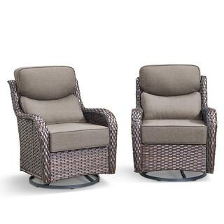2-Piece Brown PE Wicker Paito Outdoor Rocking Chair Swivel with 6 in. Olefin Gray Cushions | The Home Depot