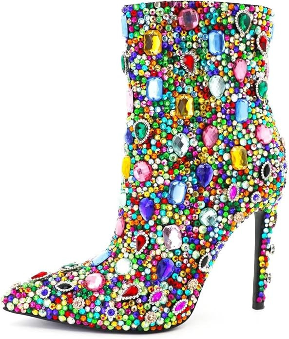 LVSEEMAN Women's Rhinestone High Heel Boots，Glitter Side Zipper Ankle Boots Sparkly Cowgirl Poi... | Amazon (US)