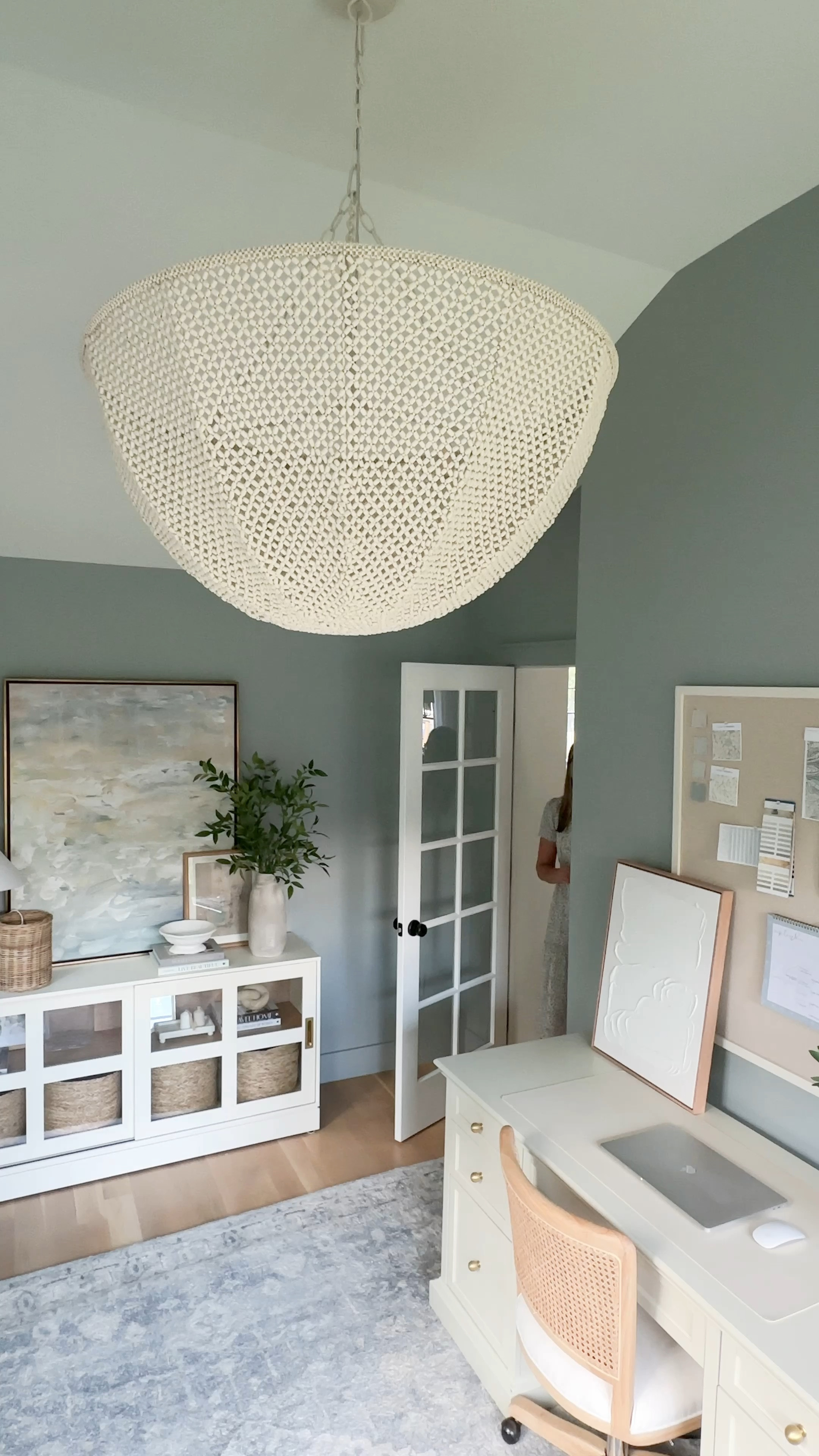 Home office design! Paint color is boothbath gray. I’m linking a similar look for less beaded chandelier too! The executive desk is from Home Depot and I switched the knobs to these gold ball knobs from Amazon. 

#LTKhome #LTKstyletip #LTKVideo