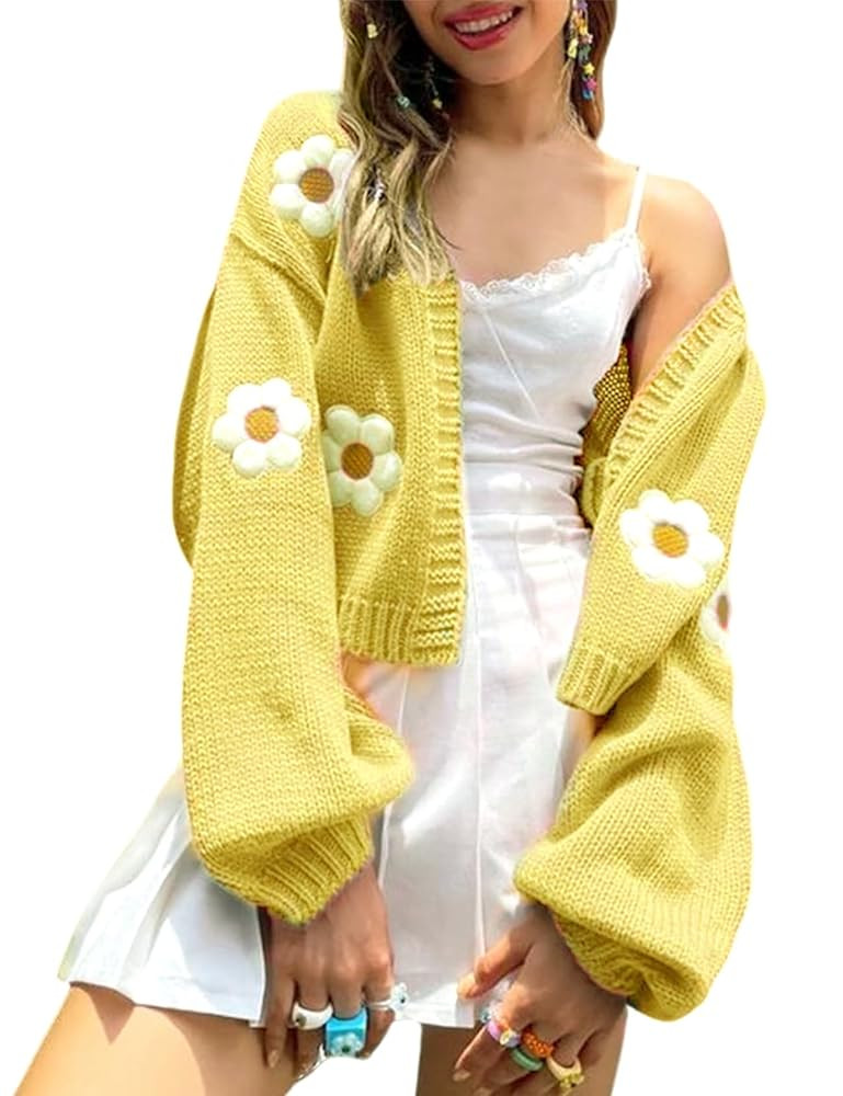 Arssm Y2K Womens Flower Cardigan Sweater Long Sleeve Knit Cropped Cardigan Open Front Cute Shrug ... | Amazon (US)