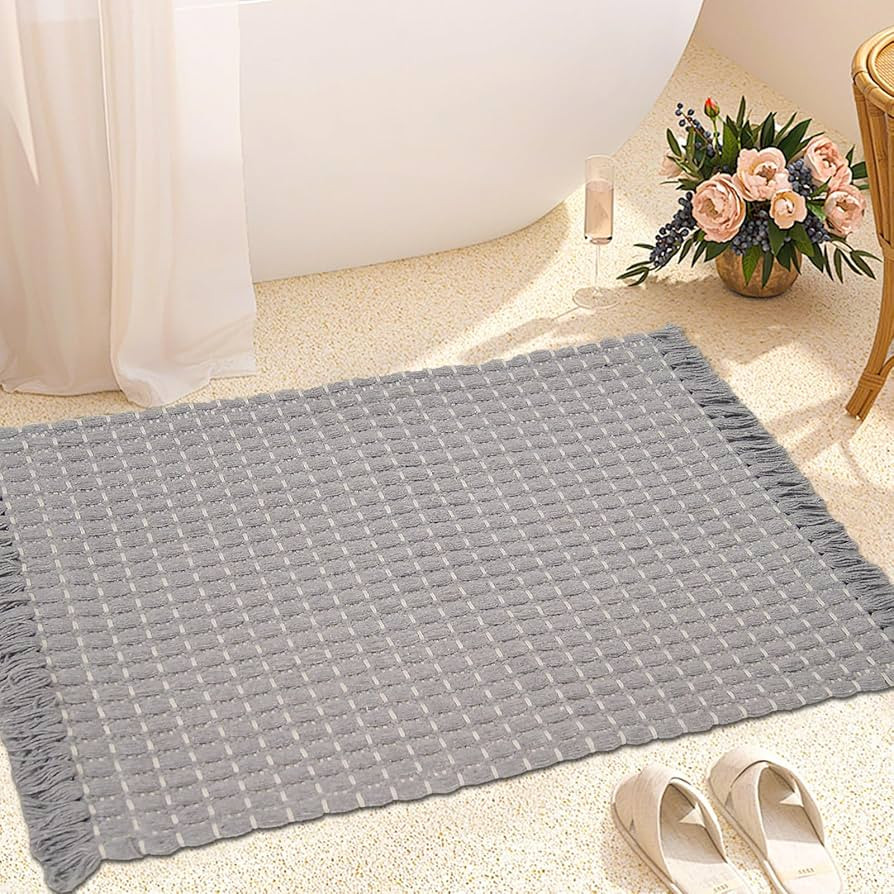 ZALL Grey Braided Bath Mat Tassel Weav Super Absorbent Non Slip Bathroom Rug Gray 16x24 inch Mach... | Amazon (US)
