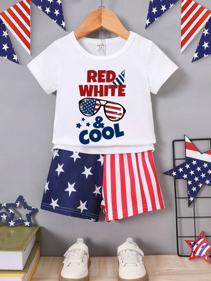 Baby Boy Independence Day Letter Print Short Sleeve T-Shirt & Red White Blue Print Shorts Set Sum... | SHEIN