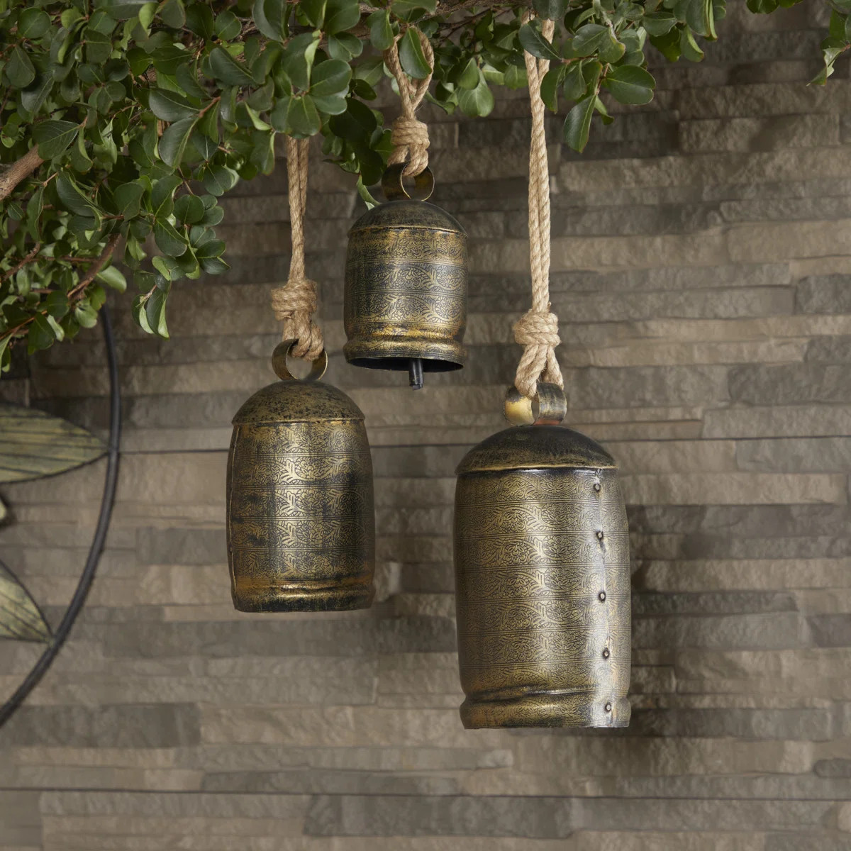 Kaskaskia Metal Tibetan Inspired Indoor Outdoor Decorative Cow Bells with Jute Hanging Rope Set | Wayfair North America
