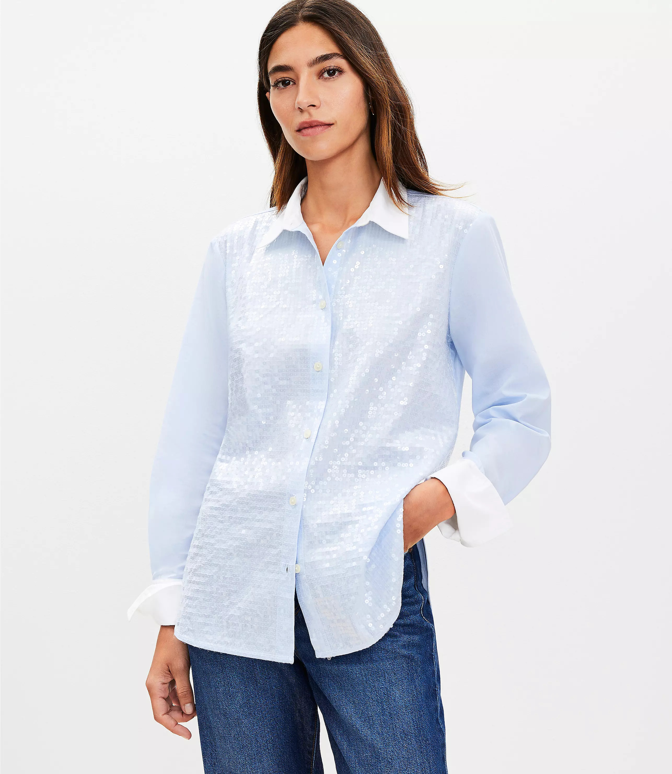 Petite Sequin End On End Cotton Relaxed Shirt | LOFT