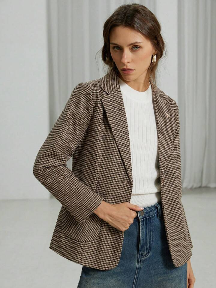 Aveloria Houndstooth Lapel Collar Dual Pockets Blazer Without Belt Workwear | SHEIN