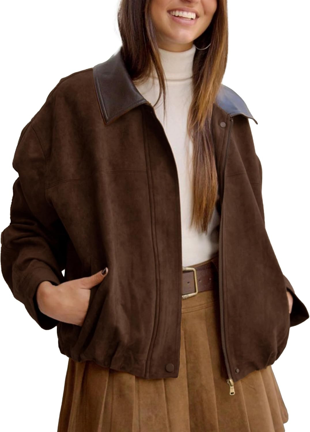 Womens Faux Suede Bomber Jacket Casual Lapel Pilot Cropped Jackets Oversized Motorcycle Zip Up Outerwear Coats | Amazon (US)