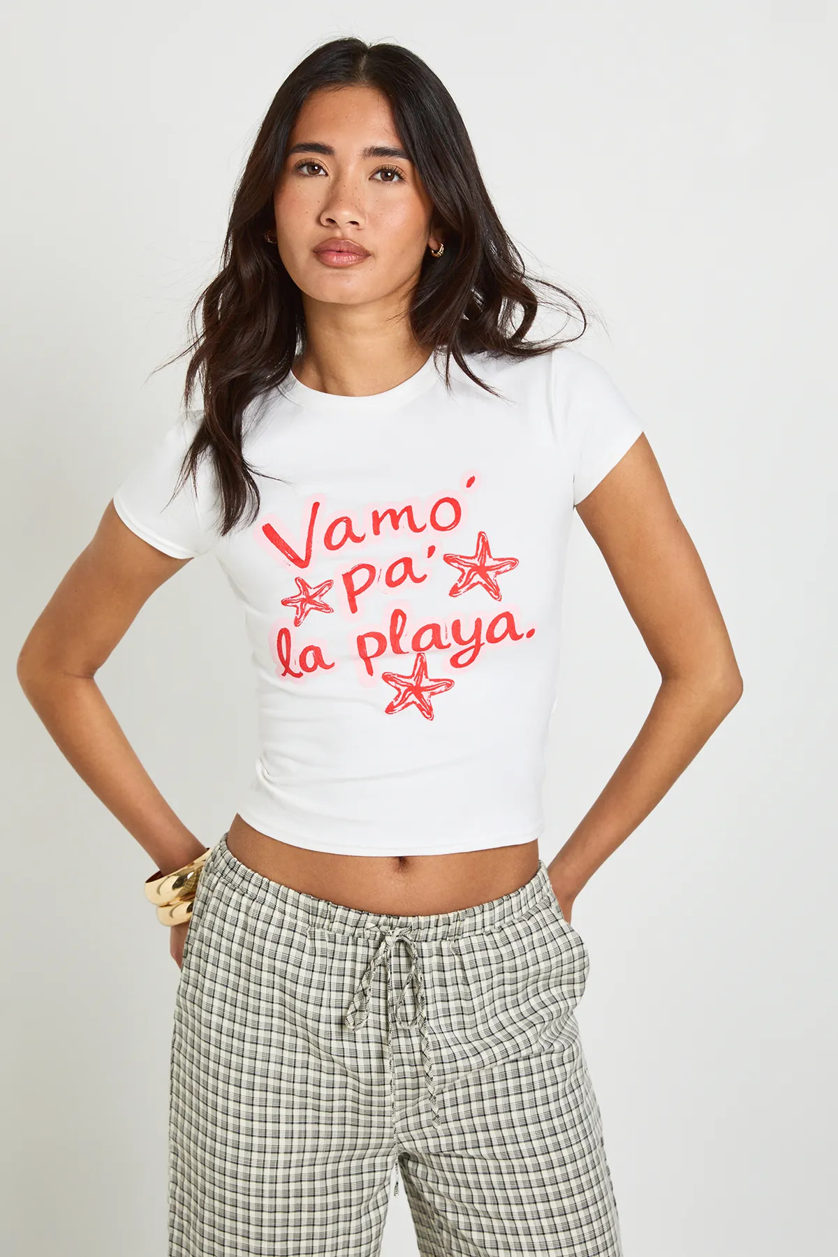White Vamo Pa La Playa Printed Baby Tee | Boohoo | Boohoo.com (UK & IE)