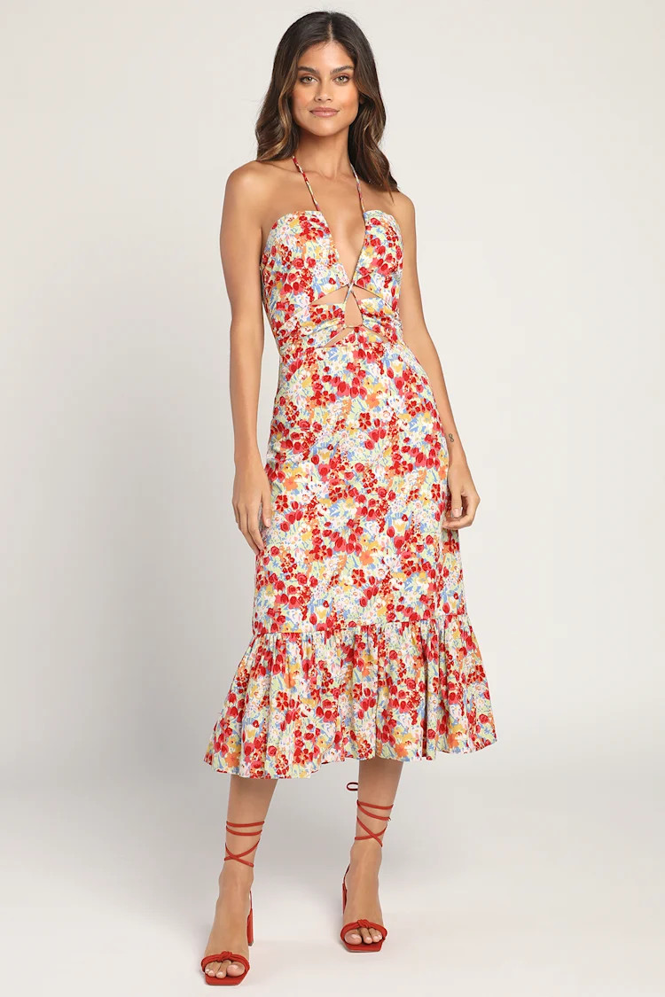 Stun the Scene Red Multi Floral Drawstring Halter Midi Dress | Lulus (US)