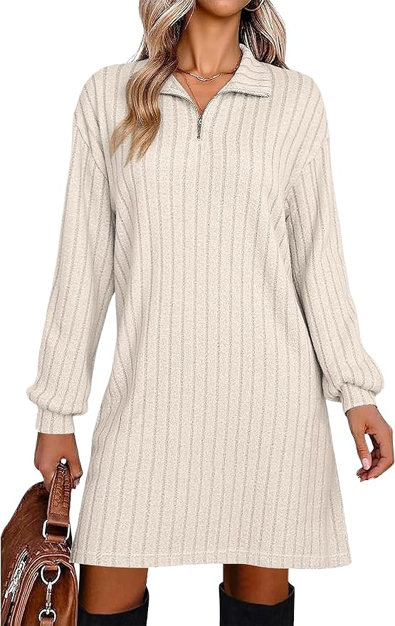 Halife Women's Casual Long Sleeve Fall Dresses V Neck Ribbed Knit Lightweight Sweater Dress with ... | Amazon (US)