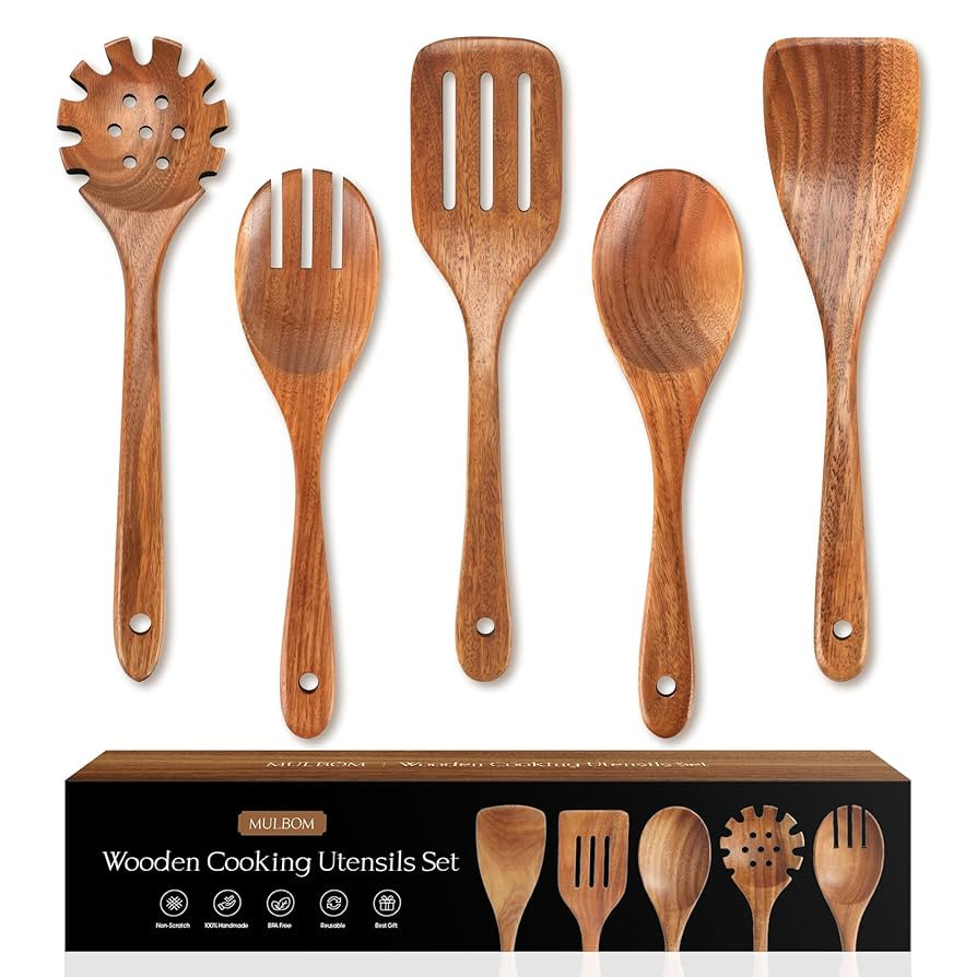 5 PCS Wooden Spoons for Cooking Natural Teak Kitchen Utensils Set Smooth Non-Stick Surface Cookin... | Amazon (US)