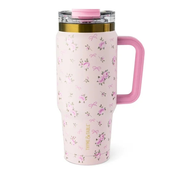 Thyme & Table 32oz Stainless Steel Luna Tumbler with Handle and Dual Straw Lid, Roses | Walmart (US)