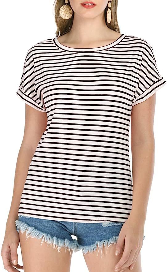 Haola Women's Striped Tops Summer Casual Round Neck Short Sleeve Blouse T-Shirt | Amazon (US)