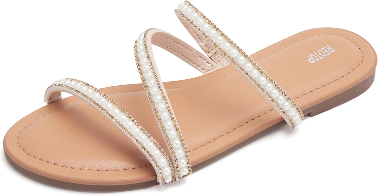 REDTOP Women's Rhinestone Flat Sandals Pearl Slip on Sandals Soft Memory Foam Sandals Open Toe Sl... | Amazon (US)