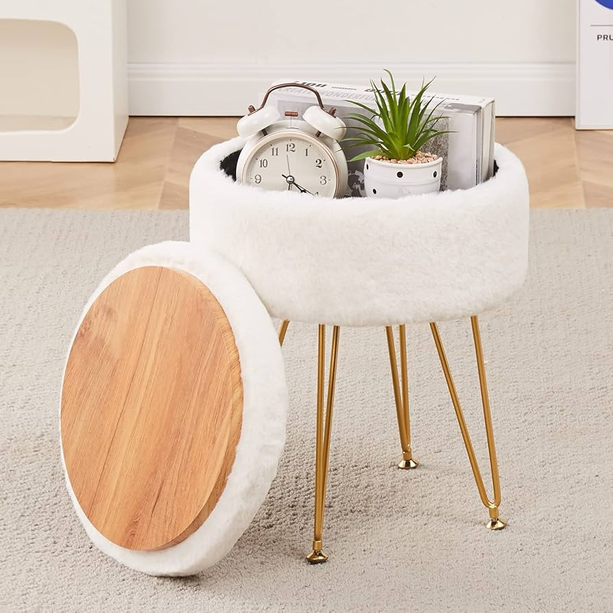 Cplxroc Footrest Footstools Round Faux Fur Ottoman with Storage Space Soft Vanity Chair Seat Coff... | Amazon (US)