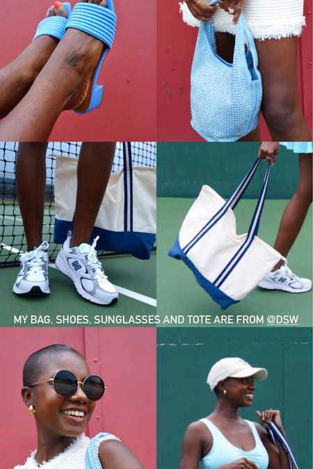 Sporty and chic shoes from DSW, new balance 408 sneaker, cream and navy tote bag, blue studded purse, black round sunglasses and blue heeled sandals  

#LTKFindsUnder100 #LTKShoeCrush #LTKFitness