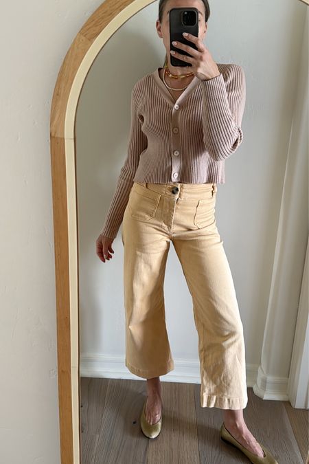 Spring colors. Neutral ribbed cardigan with butter 🧈 yellow pants + gold flats + layered pearls 

#LTKfindsunder100 #LTKSeasonal #LTKstyletip