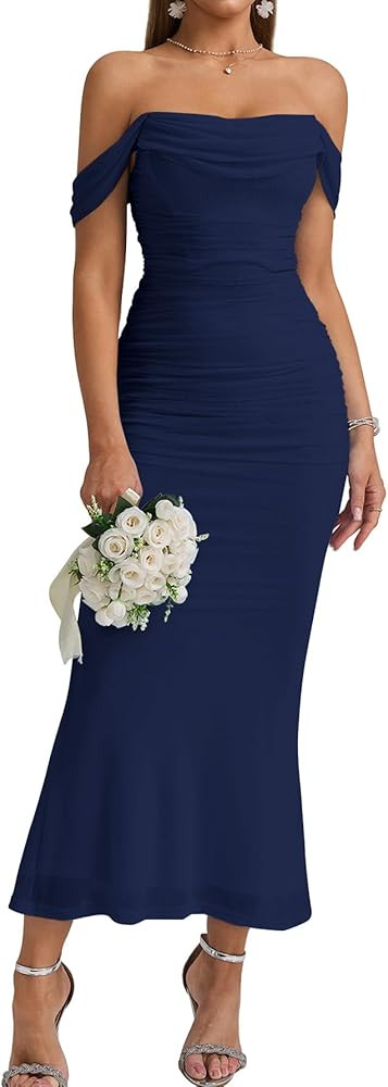 KUTUMAI Off The Shoulder Dress Navy Dress Navy Blue Dress Navy Wedding Guest Dress Navy Midi Dress | Amazon (US)