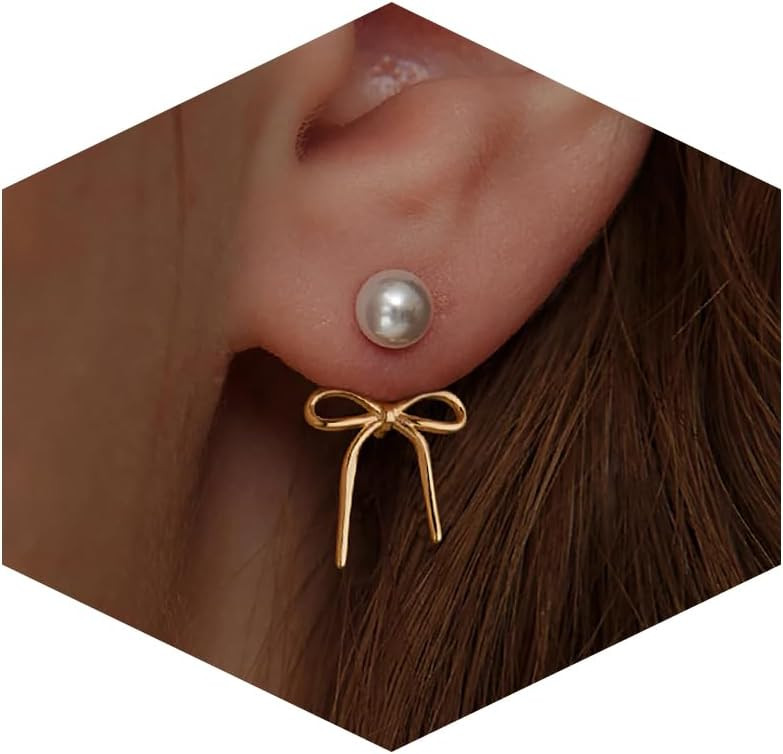 14K Gold Plated/Silver Earrings for Women Trendy, Dainty Bow Earrings for Women Cute Pearl Huggie Earring Hoops Twist Rope Bow Stud Pearl Dangle Cubic Zirconia Earrings Jewelry Gifts | Amazon (US)