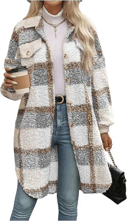 SOLY HUX Women's Fuzzy Plaid Jacket Button Down Long Sleeve Fleece Jacket Warm Outerwear Coat | Amazon (US)