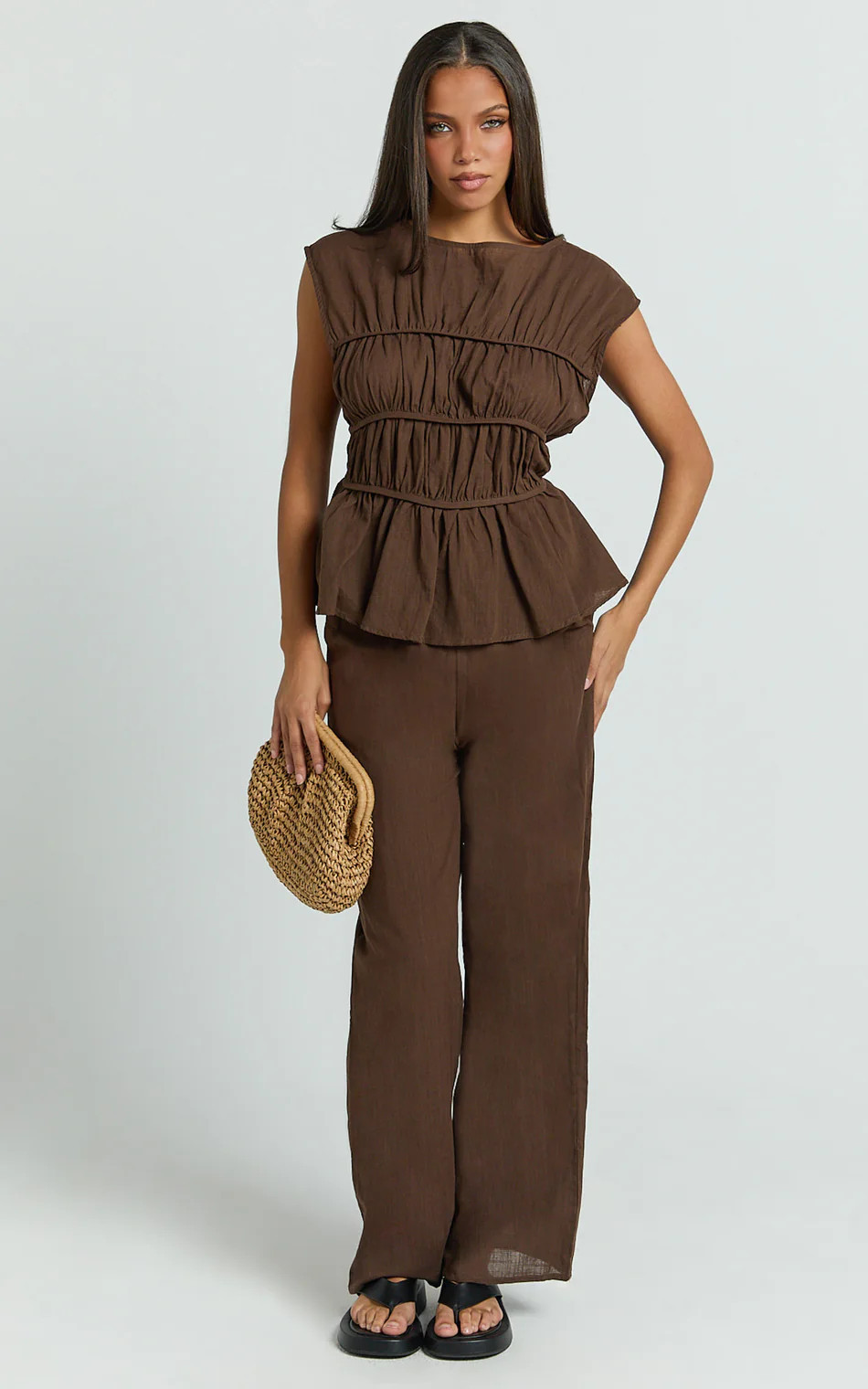 Auric Two Piece Set - Ruched Detail Top and Wide Leg Pants Set in Brown | Showpo (ANZ)