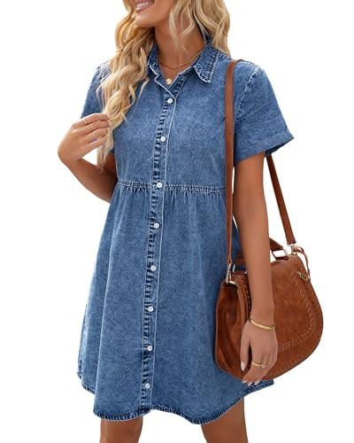 LookbookStore Denim Dress for Women Short Sleeve Summer Dresses Button Down Flowy Tiered Babydoll Jean Dress Medium Blue Size Large | Amazon (US)