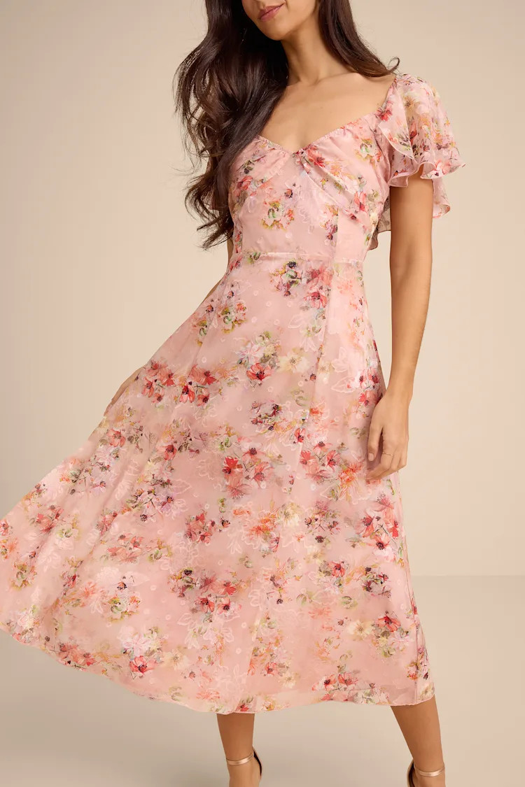 Camillo Blush Floral Jacquard Flutter Sleeve Midi Dress | Lulus